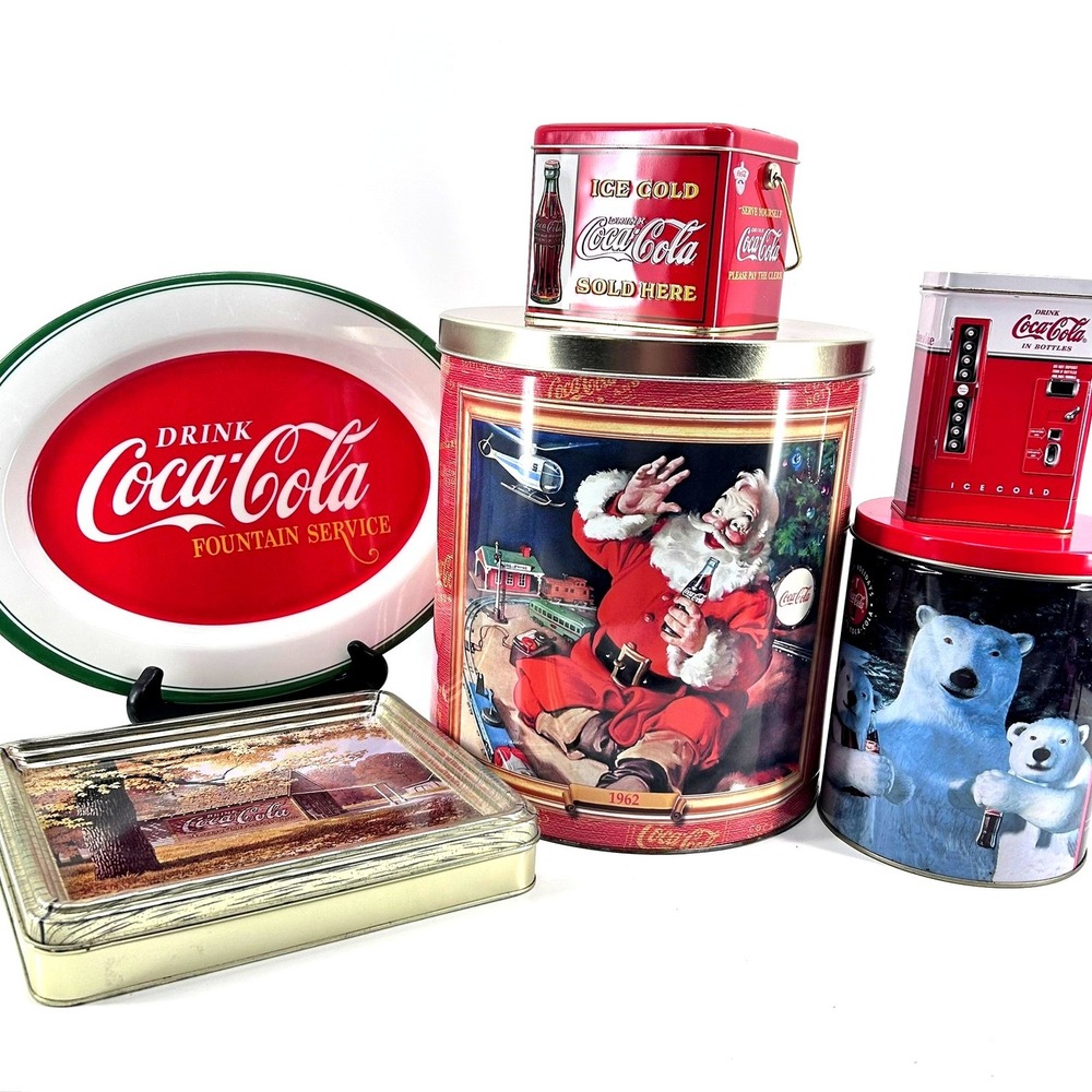 Vintage Coca Cola Collectible Tin Lot Santa Polar Bear Vending Machine 6pc Set